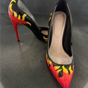 Custom flame Aldo Red and Black Heels with Yellow Accents